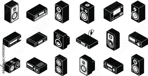 Audio speaker and stereo system silhouettes set sound equipment icons including loudspeakers amplifier receiver and home audio devices vector illustration
