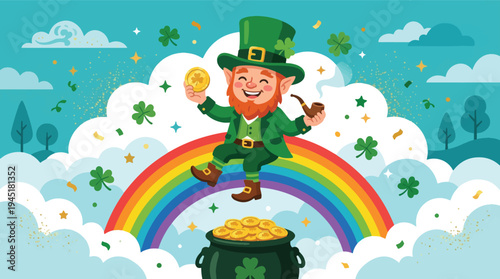 Jolly Leprechaun Leaping Over a Vibrant Rainbow with a Pot of Gold and Falling Shamrocks, Symbolizing Luck and St. Patrick's Day Celebration