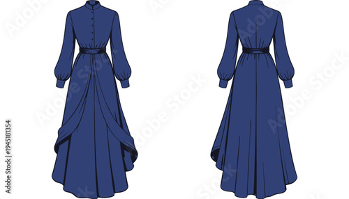 A blue dress illustration with a high collar and long sleeves