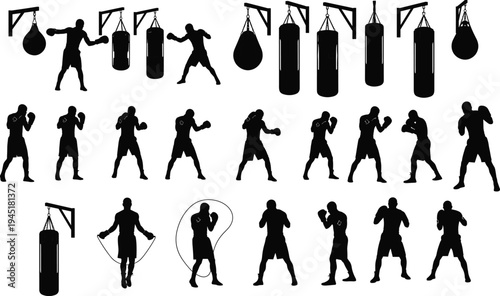 Boxing training silhouettes set with boxer punching bag jump rope workout poses and combat sport athlete icons vector illustration