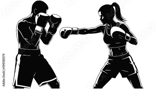 Boxer silhouette illustration of a man and woman in fighting stance