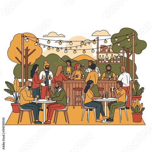 Outdoor beer garden with people enjoying drinks and socializing