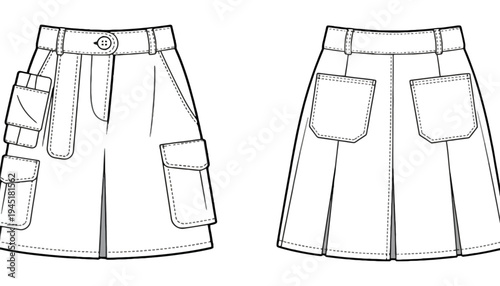 A cargo skirt illustration with pockets and belt loops design