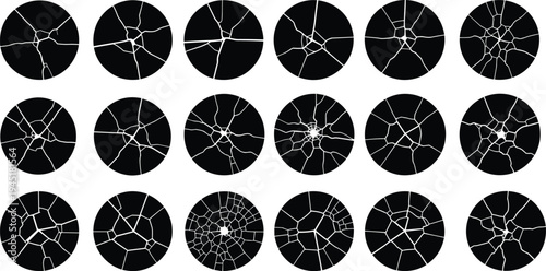 Broken glass crack circle silhouettes set shattered impact patterns for bullet hole or damage texture vector illustration design elements