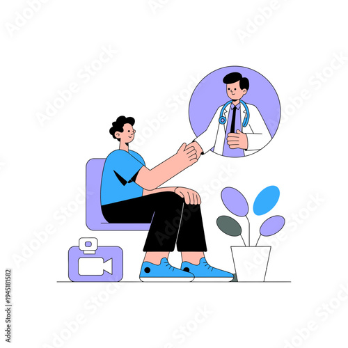 A doctor in a white coat consulting a patient online