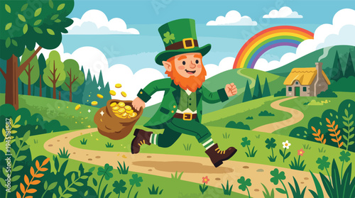 Leprechaun running with pot of gold in a magical green landscape with a rainbow in the background