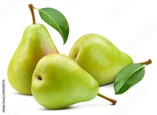 Delicious organic pears with green leaves isolated on transparent. Pears with PNG