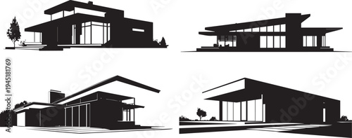 Modern minimalist houses with large windows and geometric designs