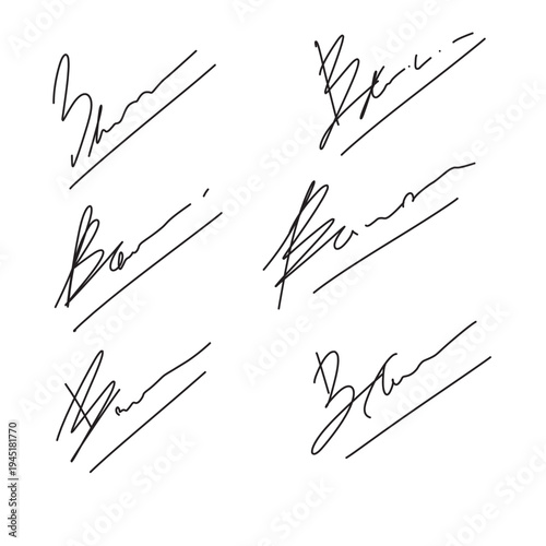 Vector set with fake handwritten personal signatures, sample cursive autographs for dummy documents, certificate mockups in eps 10.