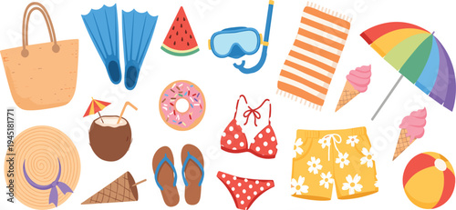 Summer Beach Vacation Vector Set Featuring Bikini, Flip Flops, Beach Umbrella, Ice Cream, Coconut Drink, Snorkel Mask and Travel Accessories
