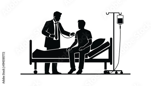 Doctor in suit examining patient in hospital bed with IV drip