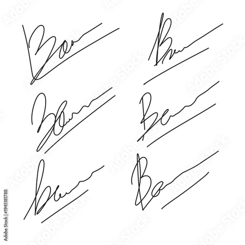 Vector set with fake handwritten personal signatures, sample cursive autographs for dummy documents, certificate mockups in eps 10.