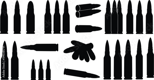 Bullet cartridge silhouettes set ammunition rounds military weapon ammo icons isolated vector illustration collection for defense security and firearm design