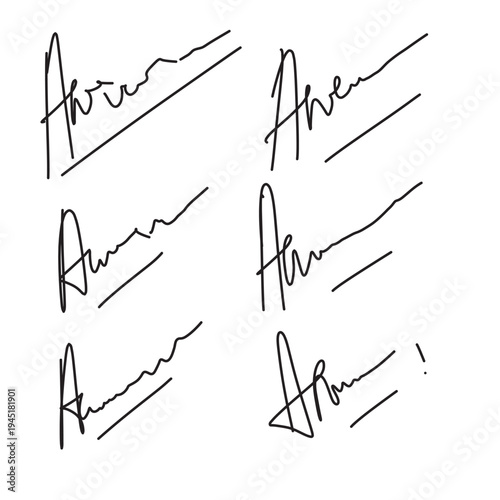 Vector set with fake handwritten personal signatures, sample cursive autographs for dummy documents, certificate mockups in eps 10.