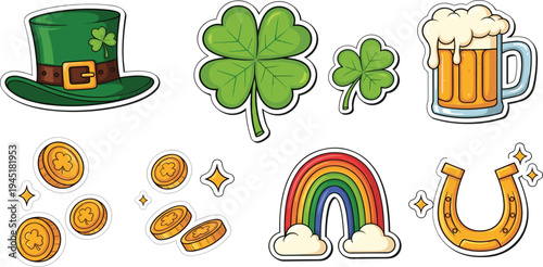 St. Patrick's Day Stickers Set with Leprechaun Hat, Shamrock, Beer Mug, Rainbow, Coins, and Horseshoe for Holiday Designs and Illustrations