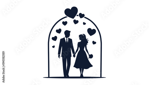 A loving couple silhouette under an archway with hearts