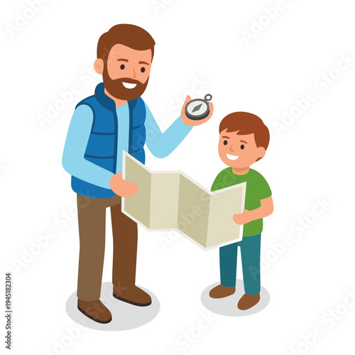 Father teaches son navigation with map and compass outdoors together