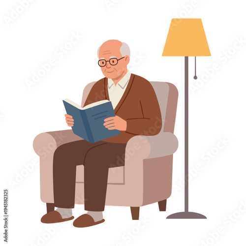 An elderly man sits in a chair reading a book beside a lamp.