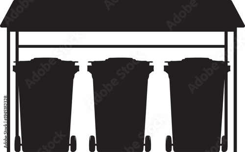 Black silhouette of a shelter housing three wheeled recycling bins on a white background