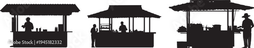 Silhouettes of food kiosks with people serving customers outdoors