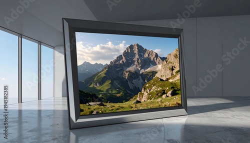 Framed mountain landscape picture leans against wall in modern, minimalist interior