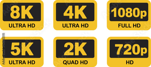Collection of video resolution labels including 8K Ultra HD, 5K Ultra HD, 4K Ultra HD, 2K Quad HD, 1080p Full HD, and 720p HD icons