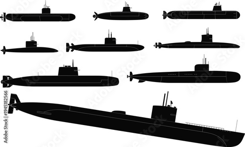 Collection of military submarine silhouettes underwater naval vessels including nuclear submarines torpedo submarines and navy fleet ships vector illustration