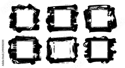 Frames grunge drawn set with black brush strokes and empty white space for photos featuring photo collage, frame