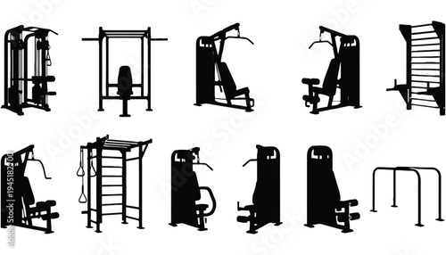 Gym equipment vector icons set for fitness and workout routine