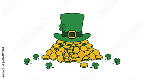 Pile of Leprechaun Hat and Gold Coins with Shamrocks for St