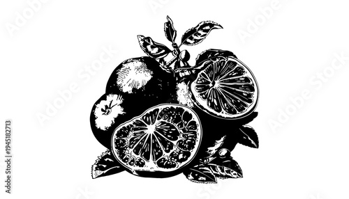 A black and white illustration of citrus fruits with leaves