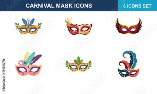 Set of colorful carnival mask icons for celebration and event decoration. Vector