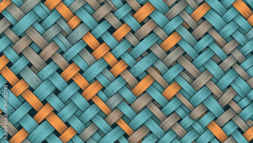 Vibrant woven pattern with teal, orange, and gray strips in a crisscross design.