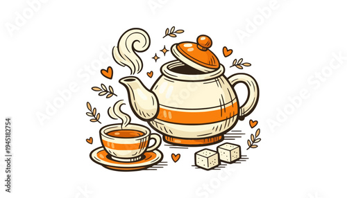 A tea kettle and cup illustration with a warm cozy atmosphere