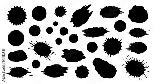 Splats black ink set with grunge effects and spatter textures on white background featuring design elements, graphic