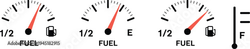 Fuel gauge dashboard indicator set showing half full and empty petrol tank levels automotive meter icon collection vector illustration