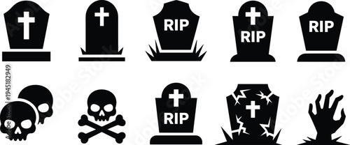 Halloween graveyard icons set with tombstones skull crossbones zombie hand and RIP gravestone silhouettes spooky cemetery vector illustration