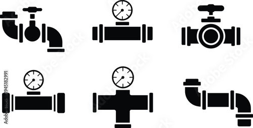 Industrial pipe valve and pressure gauge icons set plumbing pipeline fittings water gas pipeline system symbols vector illustration for engineering design