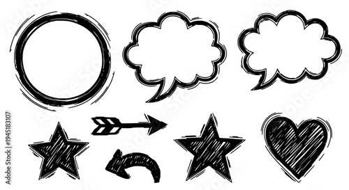 Arrows hand drawn set with black curved lines, stars, hearts, and speech bubbles. featuring grunge, scrawls, doodle