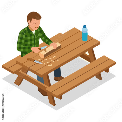 Man cutting wood on outdoor picnic table with knife and water bottle