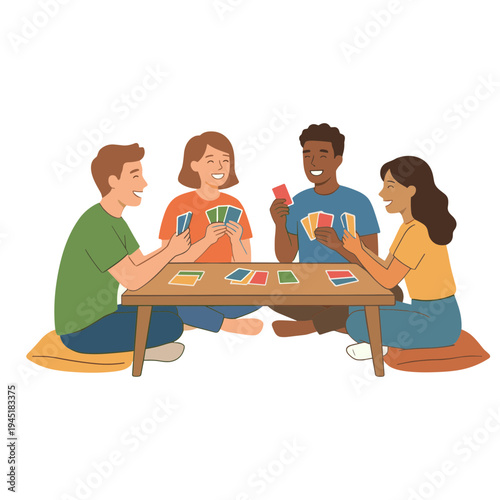 Four people sitting playing cards game together indoors socially