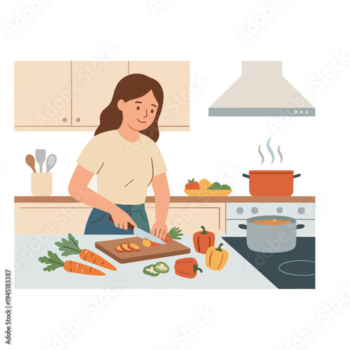 Woman cooking in kitchen with vegetables on countertop and pot on stove