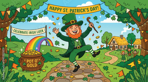 Happy St. Patrick's Day illustration with a leprechaun, pot of gold, and rainbow, celebrating Irish luck and traditions