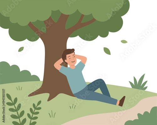 Man relaxing under a tree in a park on a sunny day feeling calm
