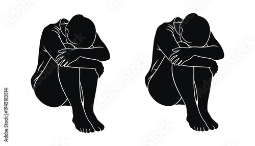 Sadness person silhouette illustration with white outline on plain background
