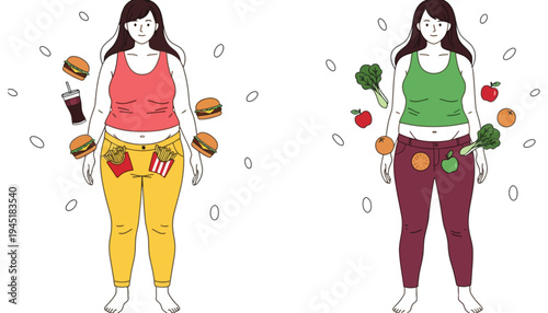 Healthy food illustration with woman choosing between junk and nutritious options