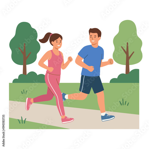 People jogging on a path in a park with trees and grass