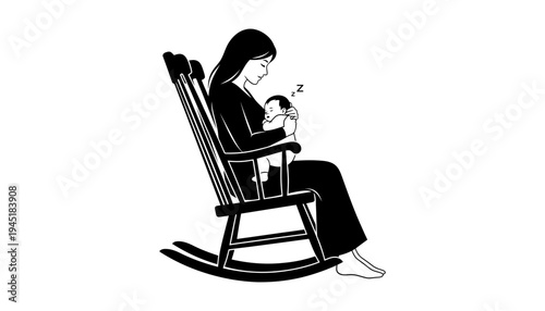 Mother silhouette illustration holding baby in rocking chair