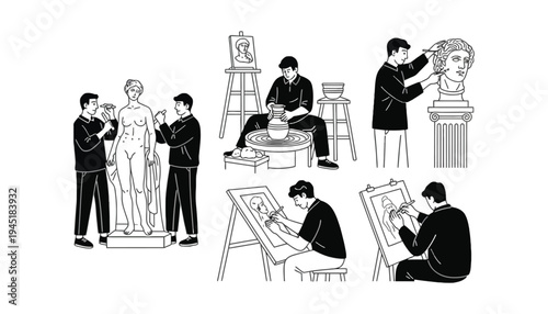 Artist vector illustration of a man creating sculptures and paintings