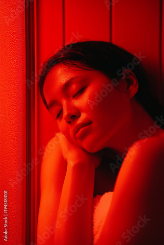 Japanese woman relaxing in infrared sauna session at modern wellness spa. Recovery and holistic health therapy. Asian woman in infrared sauna, glowing red light, wellness spa, heat therapy, inclusive 